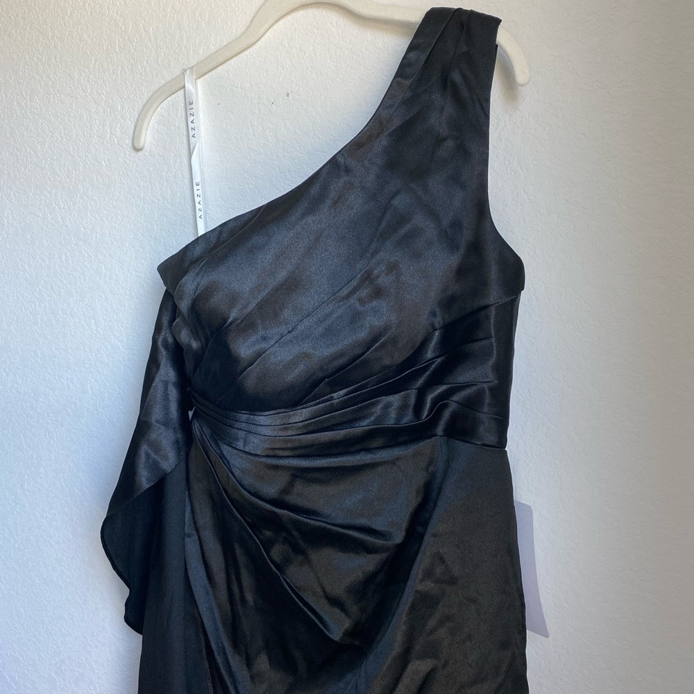 Saira One-Shoulder Azazie Black Satin Bridesmaid Sheath Dress